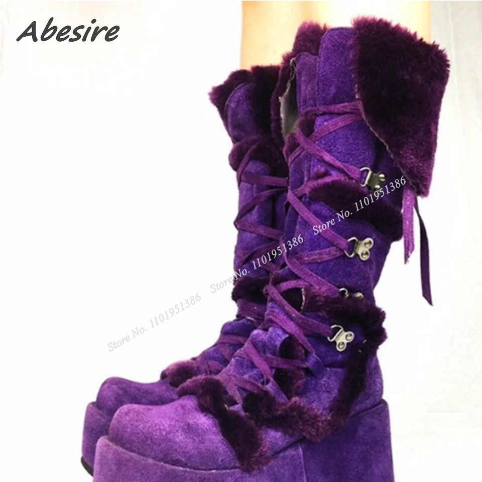 Abesire Purple Fur Decor Platform Boots Lace up Wedges Heel Round Toe Shoes for Women Chunky High Heel New Zapatillas Mujer