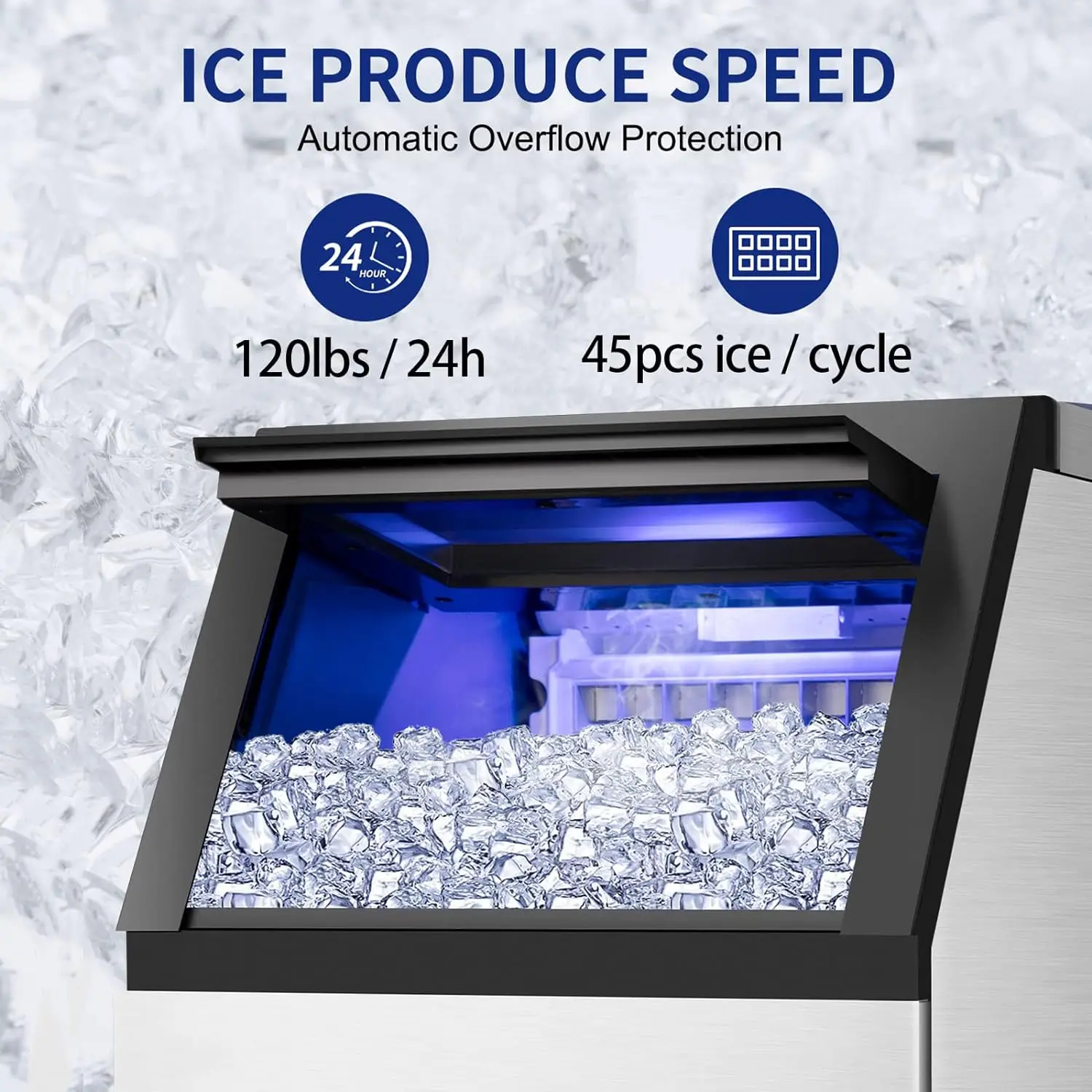 Ice Maker,120Lbs/24H With 35Lbs Ice Capacity,, Stainless Steel Under Counter Freestanding Large,  Inlet ModesIce Maker Machine