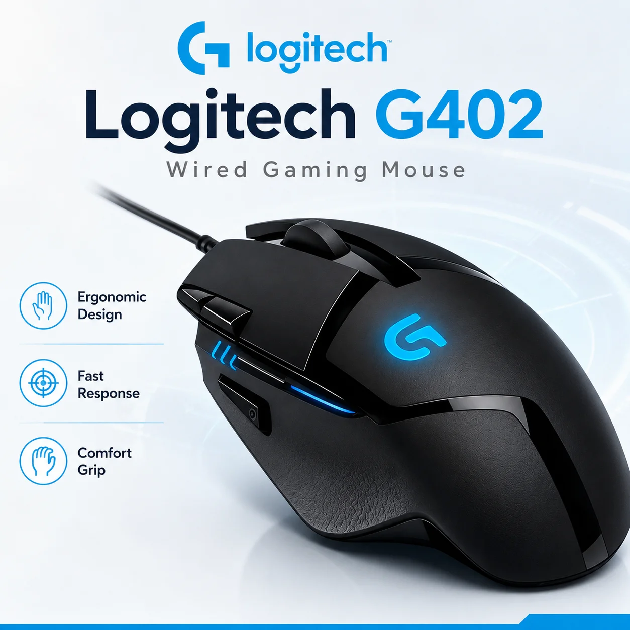 Ratón para Juegos Logitech G402 con Cable: 4000 DPI, 8 Botones Programables, Tecnología Fusion Engine Tracking para PC/Laptop - Negro