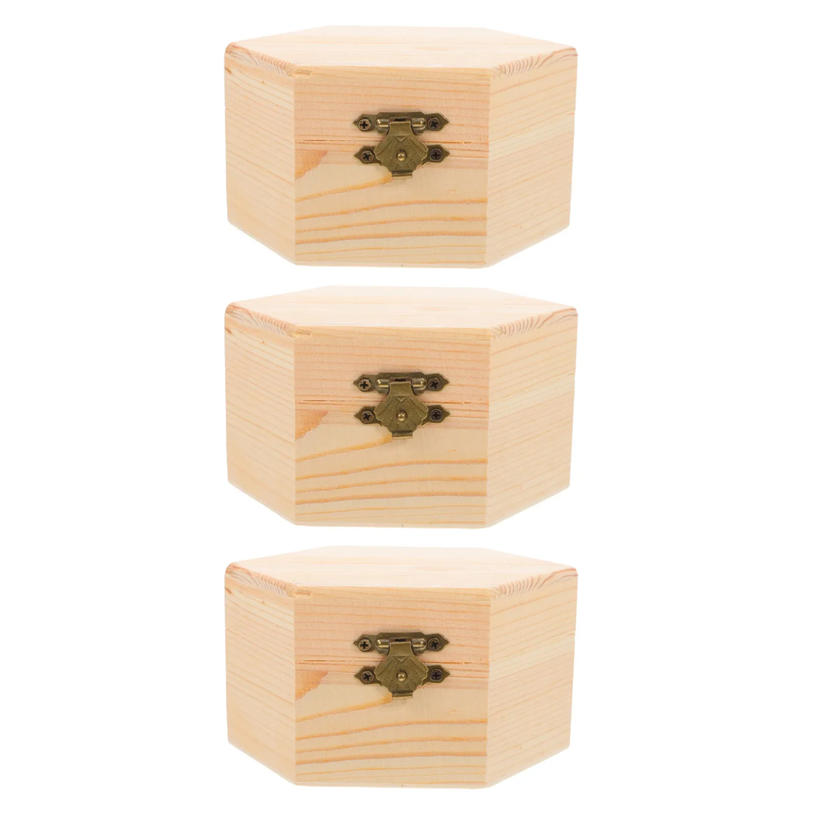 3Pcs Hexagon Wood Jewelry Box Unfinished Small Storage Chest Organizer with Dividers Rustic Natural Grain for Craft Display