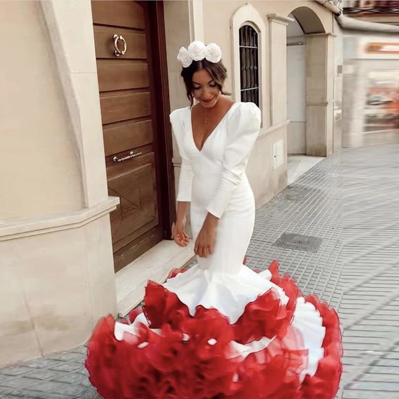 Białe i czerwone suknie balowe satynowy rękawy Ruffles wielowarstwowa pałacowa suknia wieczorowa rozkloszowana na dole Flamenca Vestidos De Cóctel