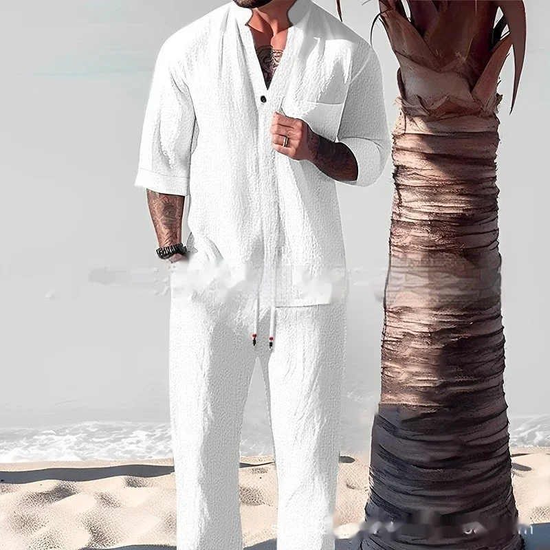 

Spring and Autumn New Pants Half Sleeve Set Men's Summer Large Loose Beach Breathable Soft Casual Suits