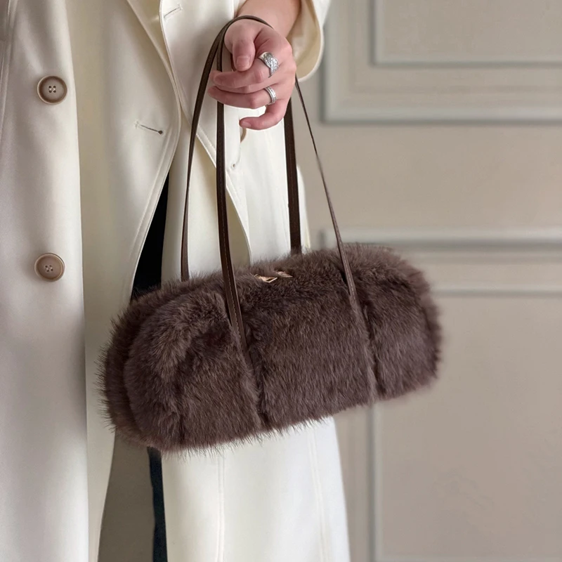 Women Autumn Winter Faux Fur Underarm Baguette Bag, Simple Commuting Handheld Shoulder Handbag, Trendy Ladies Casual Purse