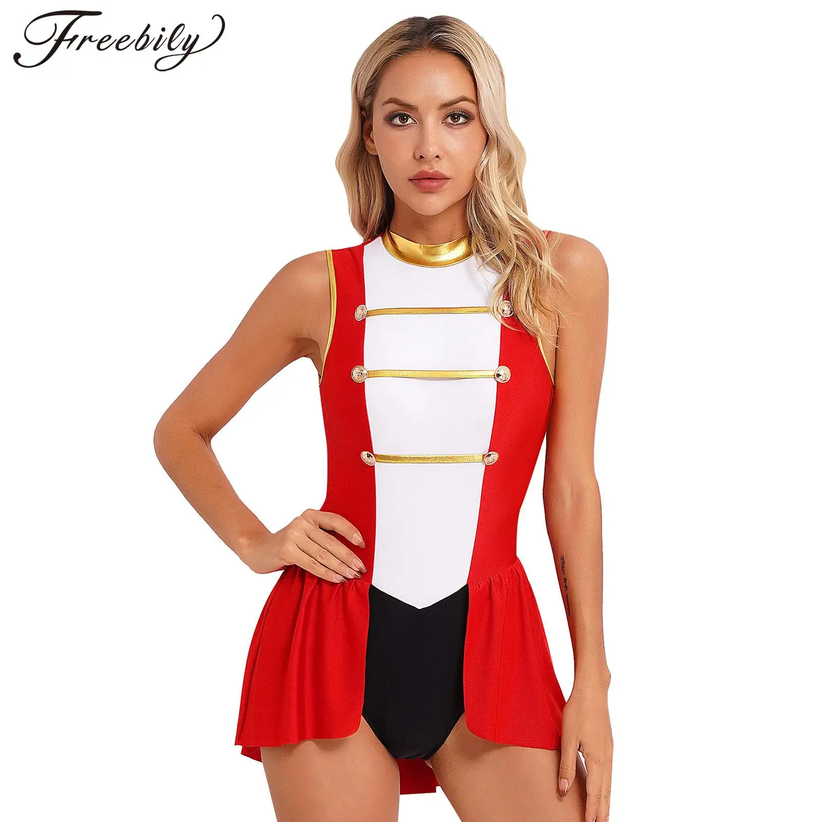 Womens Circus Ringmaster Cosplay Costume Halloween Theme Party Masquerade Showman Clothes Sleeveless Cutout Skirted Bodysuit