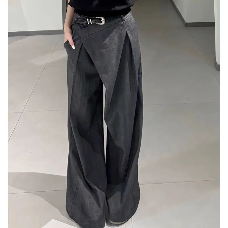 2025 Autumn New Loose BF Lazy Style Straight Leg Pants Fashionable and Casual High Waist Gray Suit Wide Leg Pants