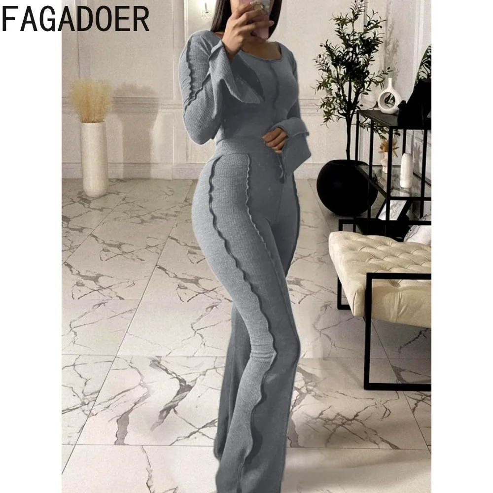 

FAGADOER Casual Solid Color Ribber Flared Pants Two Piece Sets Women Round Neck Long Sleeve Crop Top And Pants Tracksuit Outfits