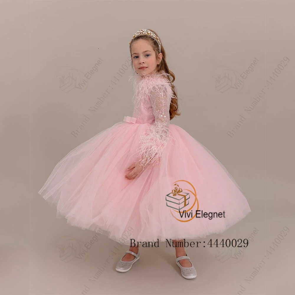 Sparking Pink Flower Girl Dresses Full Sleeve Sequine Scoop Wedding Party Gowns with Feather Bow Ankle Length VV980033