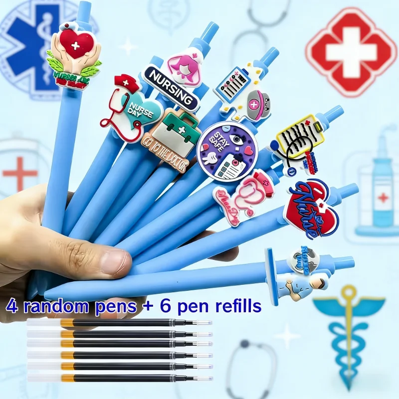 

10pcs Nurse Theme Press Ballpoint Pen Random 4 Pen+6 Pen Core Creative Medical Element Signature Pen Nurse's Day Gift