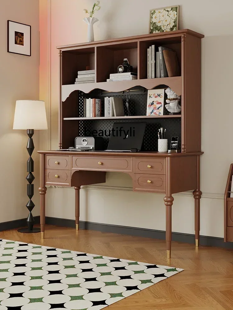 Middle Ancient   Solid Wood Desk Bookshelf Integrated Table Storage Rack with Wire-Wrap Board