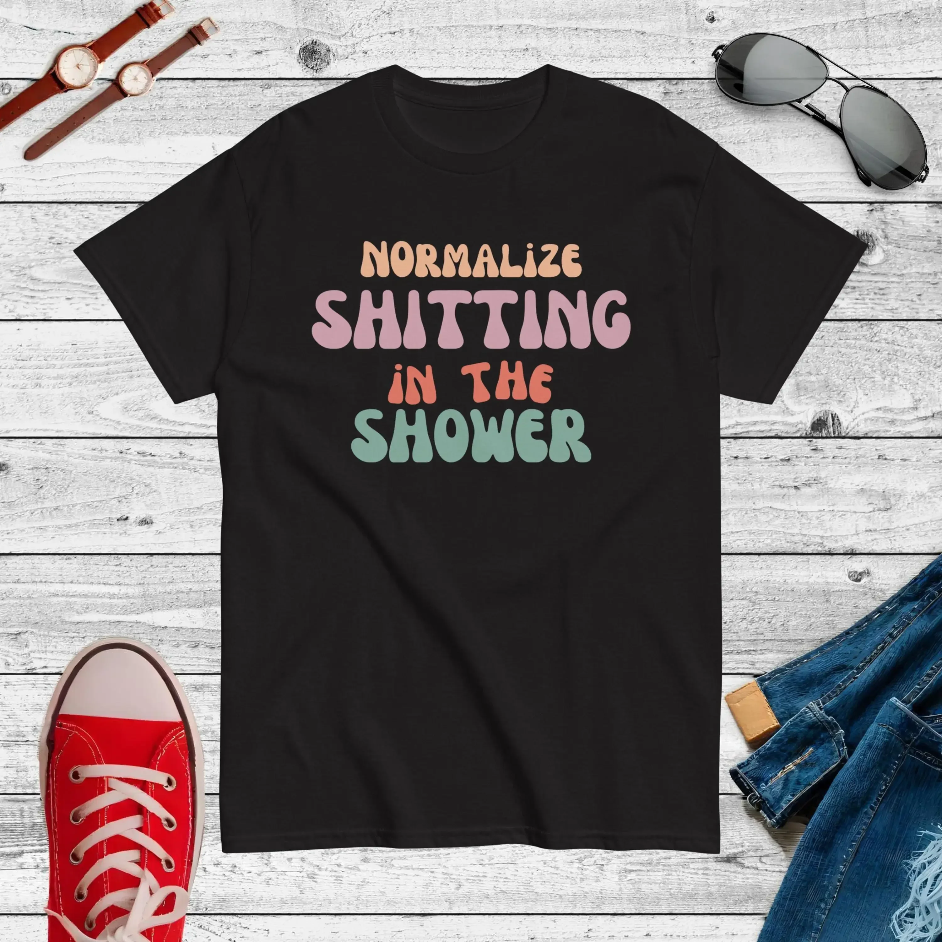 Normalize Shitting in the Shower T Shirt Dank Meme Out of Pocket Funny Saying Edgy Joke Y2k Trendy for Him
