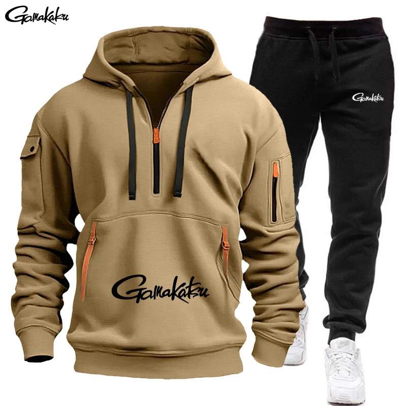 

gamakatsu 2024 Fishing Sportswear Plus Sweatshirts Fleece Zipper Casual Sportswear Men's Set Hoodie Large Size Tracksuit S-3XL