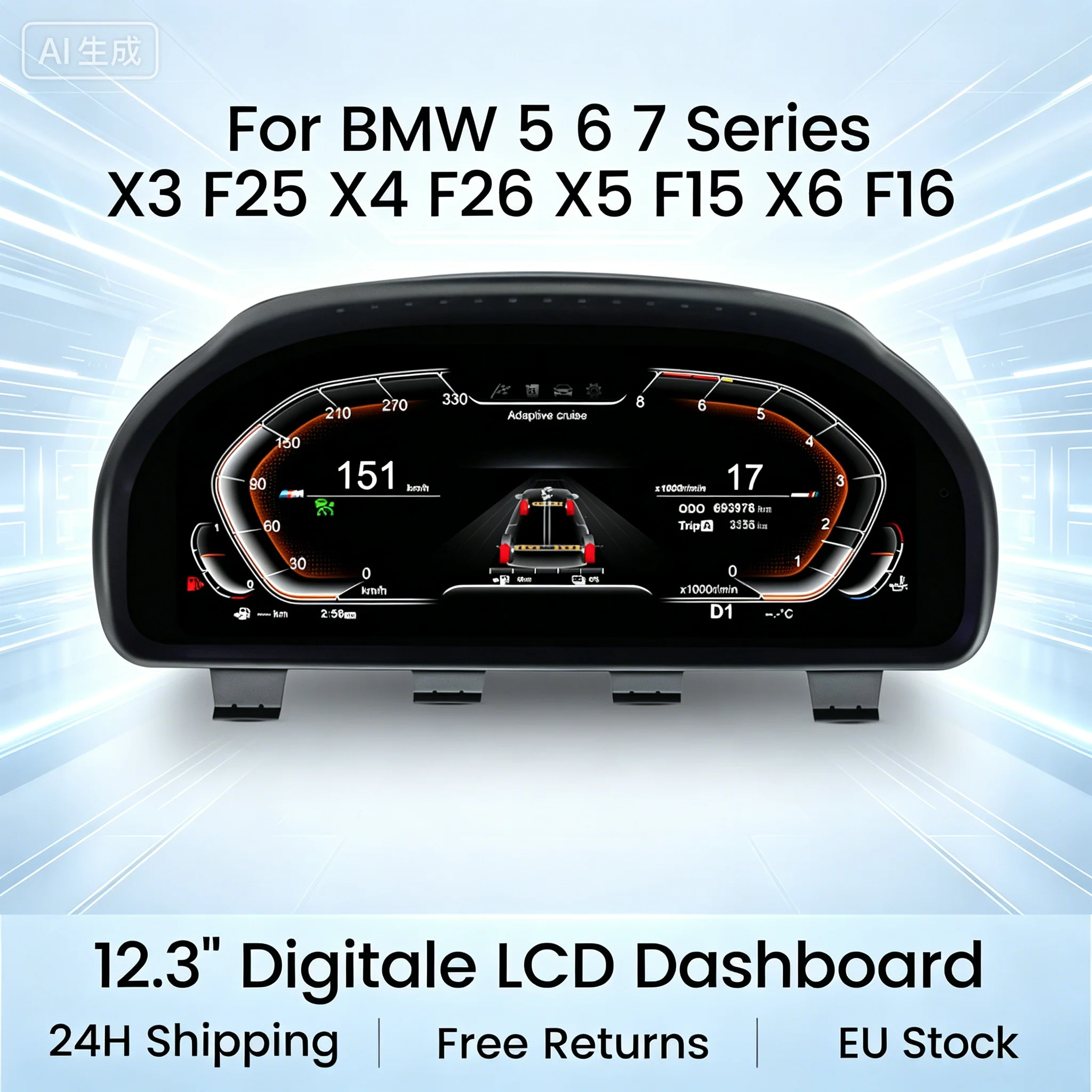 12,3" 1920*720P Blaulicht-Antireflex-Bildschirm Digitales Kombiinstrument für BMW 5er 6er 7er X3 F25 X4 F26 X5 F15 X6 F16 GT07 F10 F11 F06 F12 F13 F01 F02 F03 LCD-Armaturenbrett Tachometer