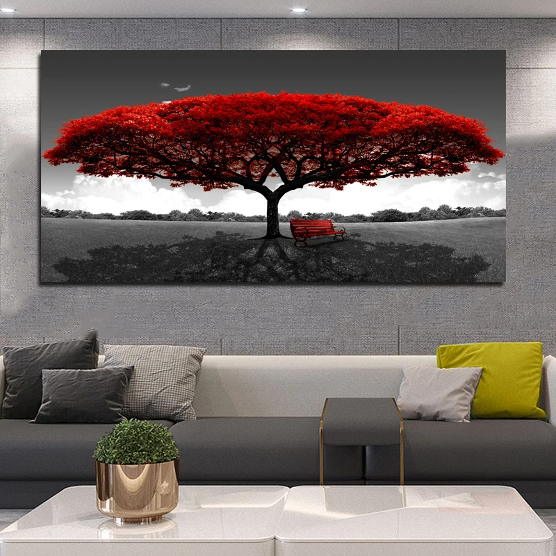 Large Size Art Modern Red Tree Bench Landscape Canvas Paintings For Living Room Wall Posters Bedroom Pictures Home Decoration