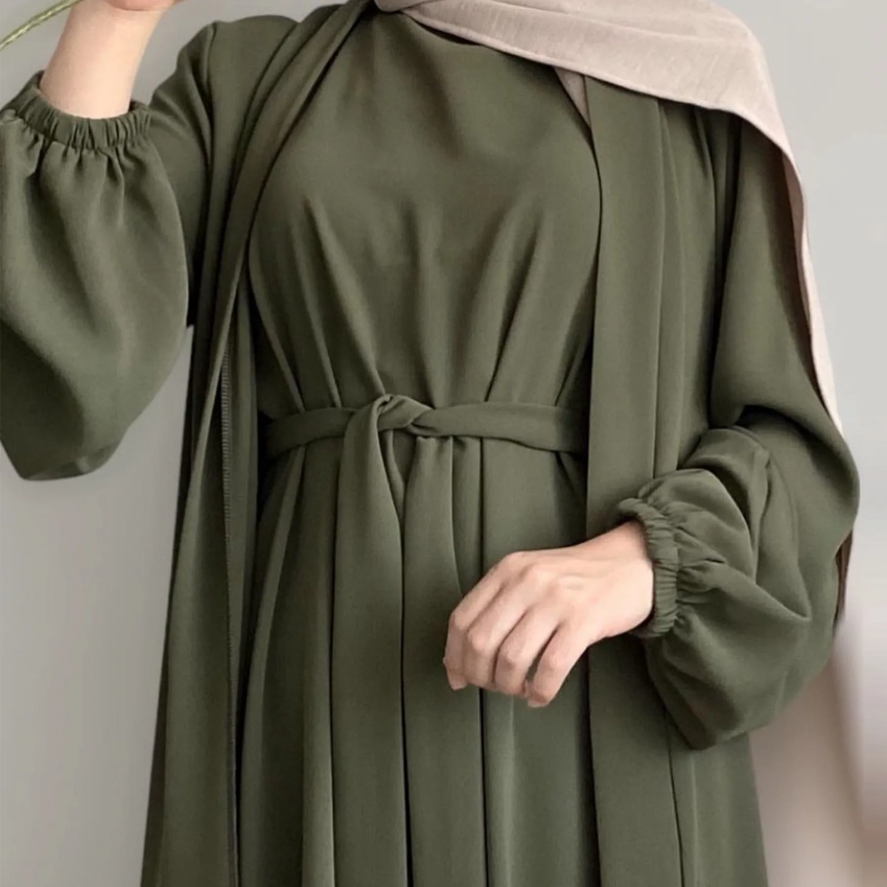 Olive Green Dress Cotton Blend Sleeve Solid Dresses Wrap Front Oversized Maxi Dress Draped Neckline Pleated Long Dress Beige