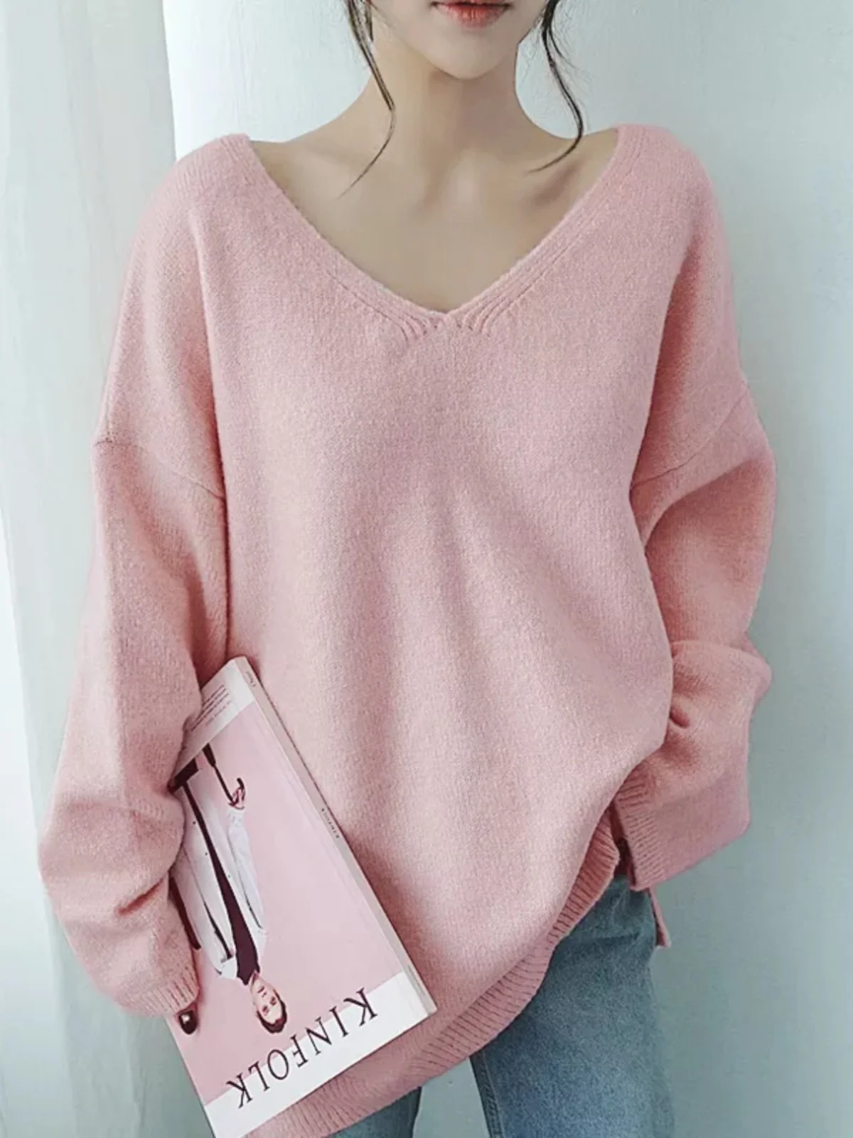 

plus Size Women's V-Ne Long Sve Knitwear Faionable Versatile Loose Fit Korean Sle Casual Loose Long Sve Sweater