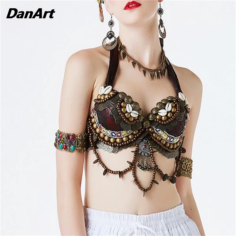 Disfraz de danza del vientre para mujer, Ropa Étnica, Tribal, gitana, sujetador con cuentas a mano, ajustable, novedad