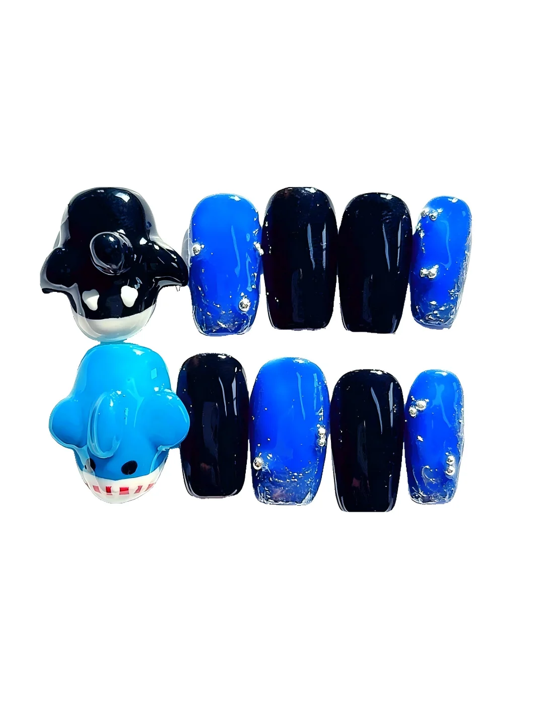 

3D Shark Orca Press on Nails, Blue Black Glitter Ocean Theme Fake Nails（C437）