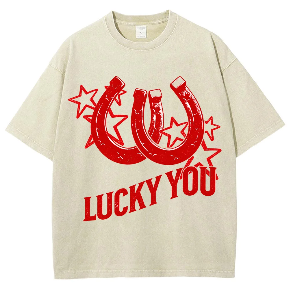 Women Summer Casual Short Sleeve T Shirt Vintage Horseshoe Star Graphic Print Oversized Loose Tee Top Lucky You Streetwear