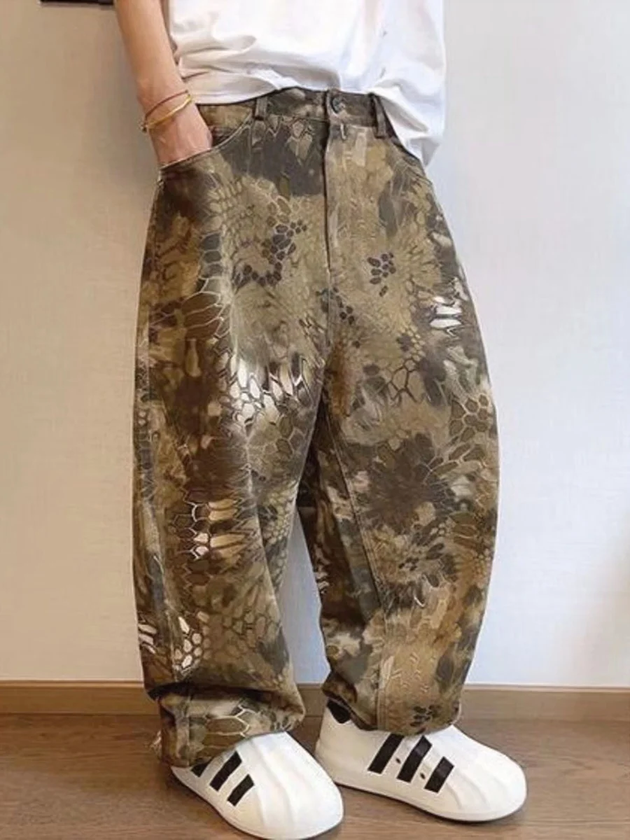 High Street Retro Snake Pattern Camouflage Heavy Washed Ruan Handsome Loose Jeans Contrast Color Fashion  Casual Pants Men