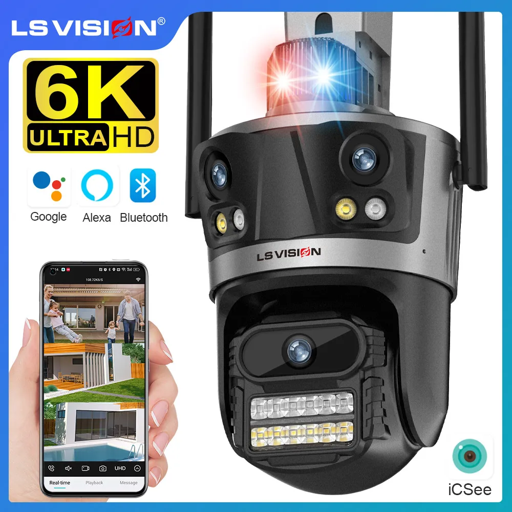 vision camera ip ao ar livre com wi fi auto tracking cctv cameras ptz luz vermelha luz azul lens wi fi 6k 12mp icsee app ls 01