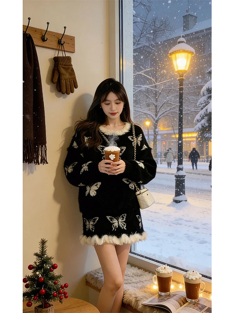 

Black Winter Knitted Sweater Half Skirt Bodycon Short Skirt Two Piece Set Women's Fashion Sense Splicing