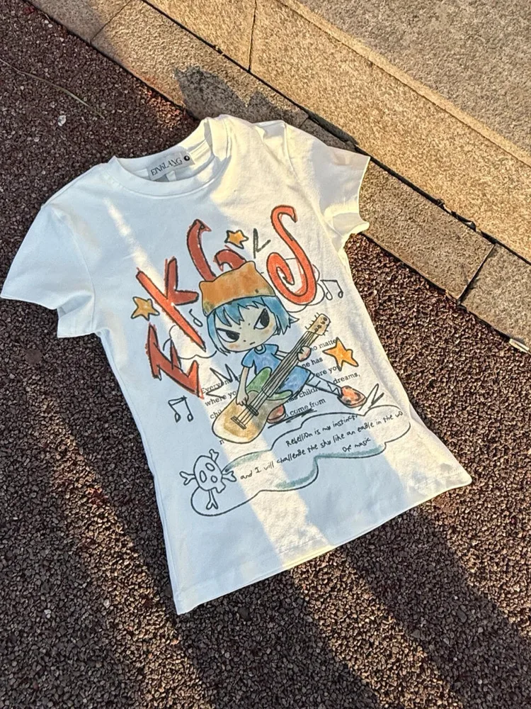 

Ретро-американская футболка с коротким рукавом для женщин, летний топ в стиле Y2K, модный повседневный хлопковый топ с открытыми плечами