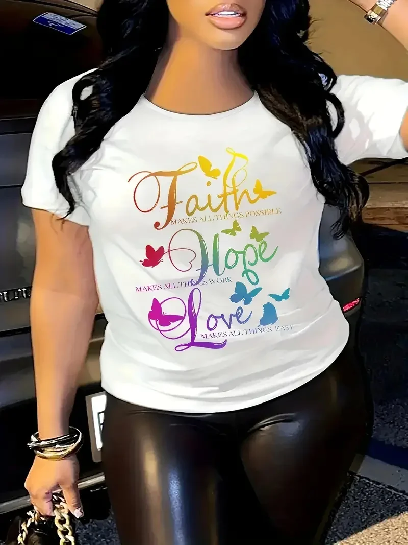 Plus Size Gradient Faith Hope Love Print T-Shirt, Crew Neck Short Sleeve T-Shirt, Casual Sport Tops, Women's Clothing