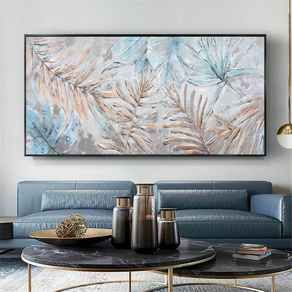 لوحة تجريدية مرسومة يدويًا على قماش الكانفاس لوحة جدارية أوراق زرقاء وفضية صور زهور حديثة لغرفة المكتب ديكور منزلي شمالي
