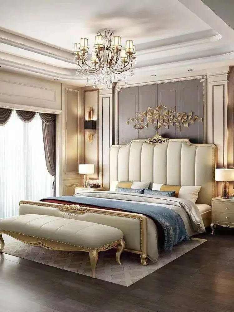 European Bed Double  American Style Solid Wood  Modern Simple and Light Luxury Top Layer Leather Marriage Bed Luxury