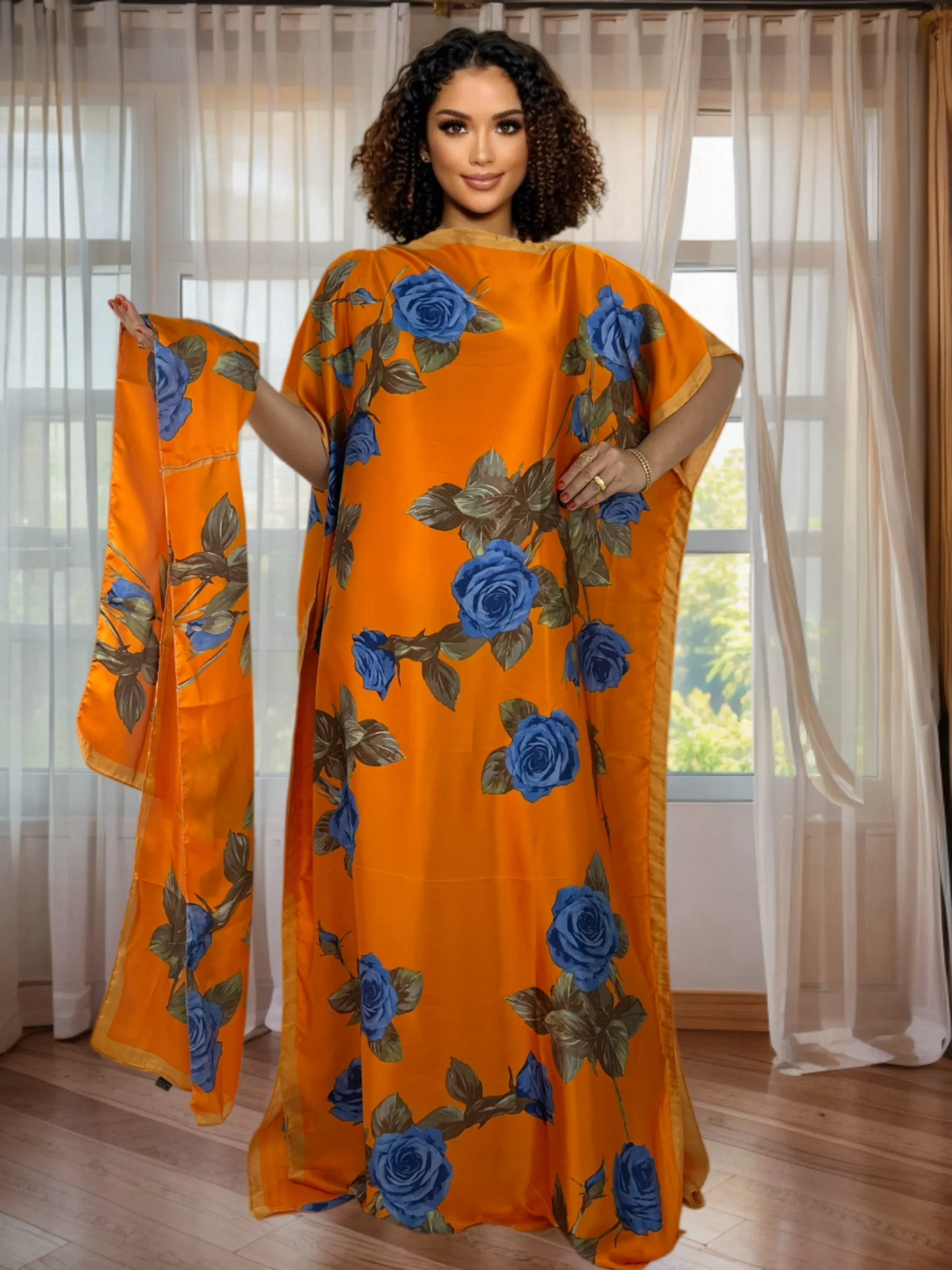 

Floral Print Round Neck Batwing Sleeve Maxi Wedding Guest Dress Evening Formal Dress Soft Fabric Gown