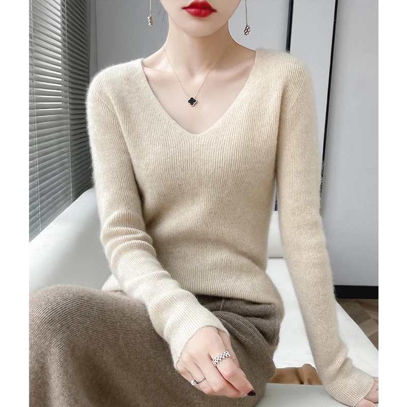 First-line ready-to-wear pullover V-neck 100% pure sweater female pullover slim autumn and winter sweater with knitted bottoming