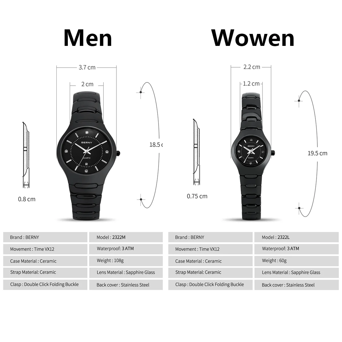 BERNY Ceramic Quartz Watch for Men /Women Luxury Dress Black Ceramic Wristwatch Sapphire Crystal Calendar Luxury Couple Watches