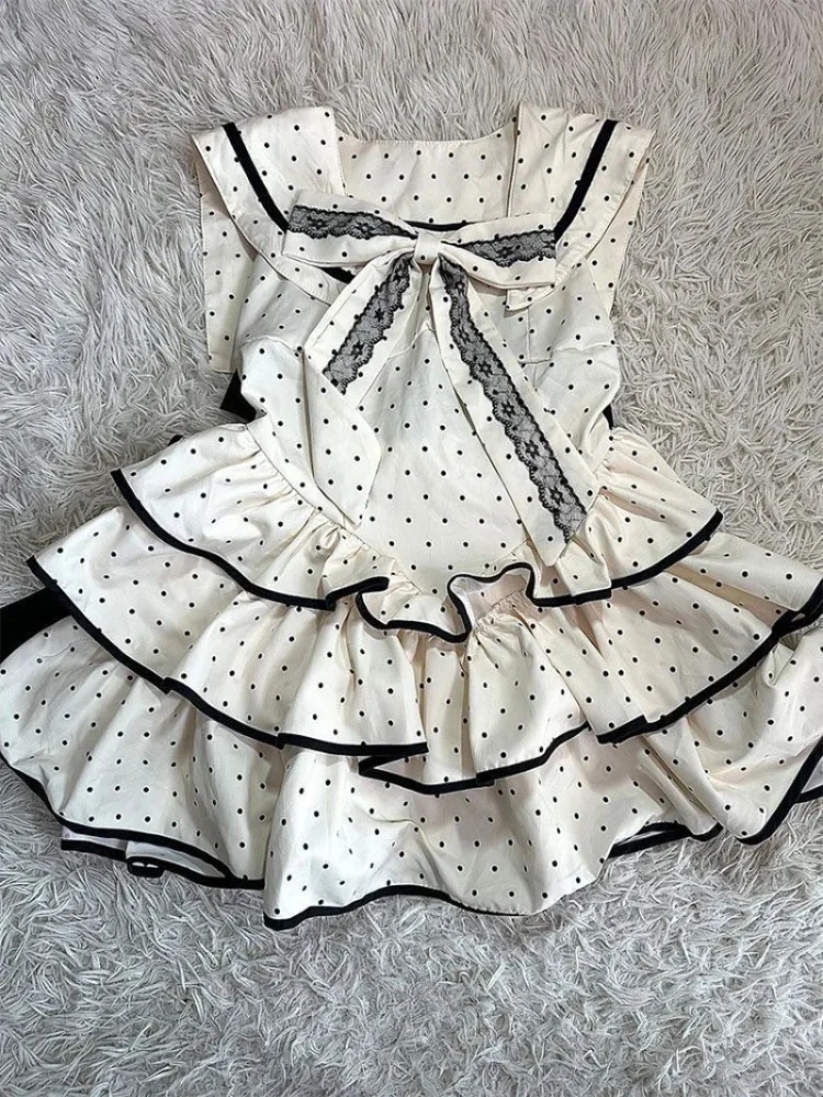 Robe douce imprimée à points ondulés pour femmes, col marin Y2k, robes de gâteau avec nœud, taille fine, nouvelle collection été 2025