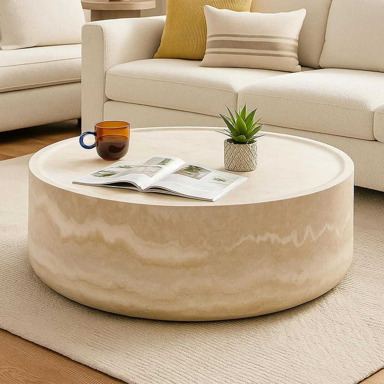 

Round Faux Marble Coffee Table, Modern Drum Design, Circle FiberglassCoffee Table, End Table for Living Room,, Customized