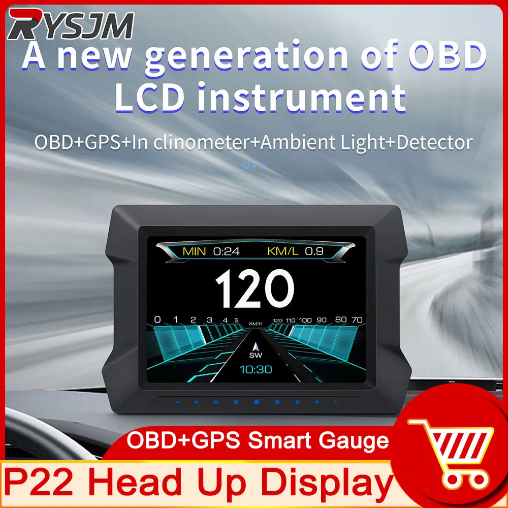 P22 Head Up Display On Board Computer GPS OBD HUD Digital Slope Meter Clock GPS Speedometer Diagnostic Tools Instrument Cluster
