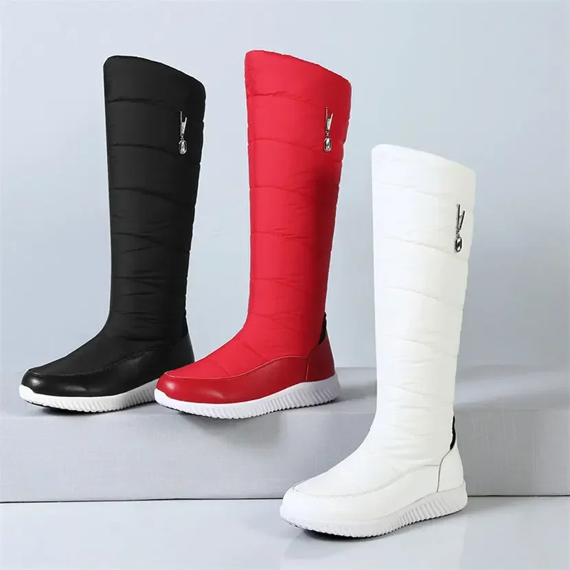 2026 Warm Plush Genuine Leather Women Snow Boots White Red Crystal Casual Travel Ladies Crystal Winter Knee-high Platform Boots