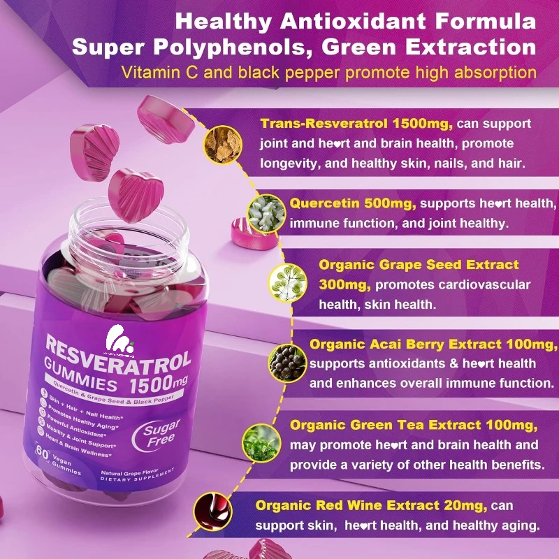 Resveratrol gummies 1500mg - Quercetin, Grape Seed, Acai Berry Extract, Antioxidant, Skin, Joint Health