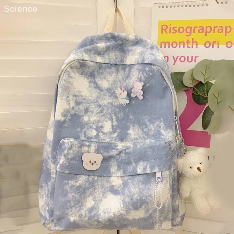 Canvas Retro Tie Dye Women's School Double Backpack Women's Solid Color Girl Junior High School Backpack