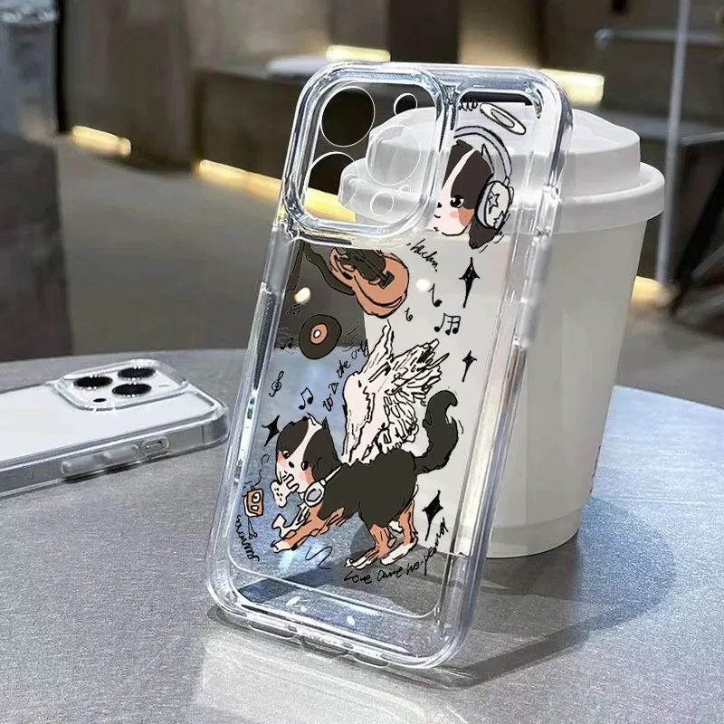 Funda de teléfono con dibujo de Ángel, oveja, perro, cachorro, guitarra, funda transparente para iPhone 15 Pro Max 13 12 11 14 Pro X XS XR 7 8 Plus