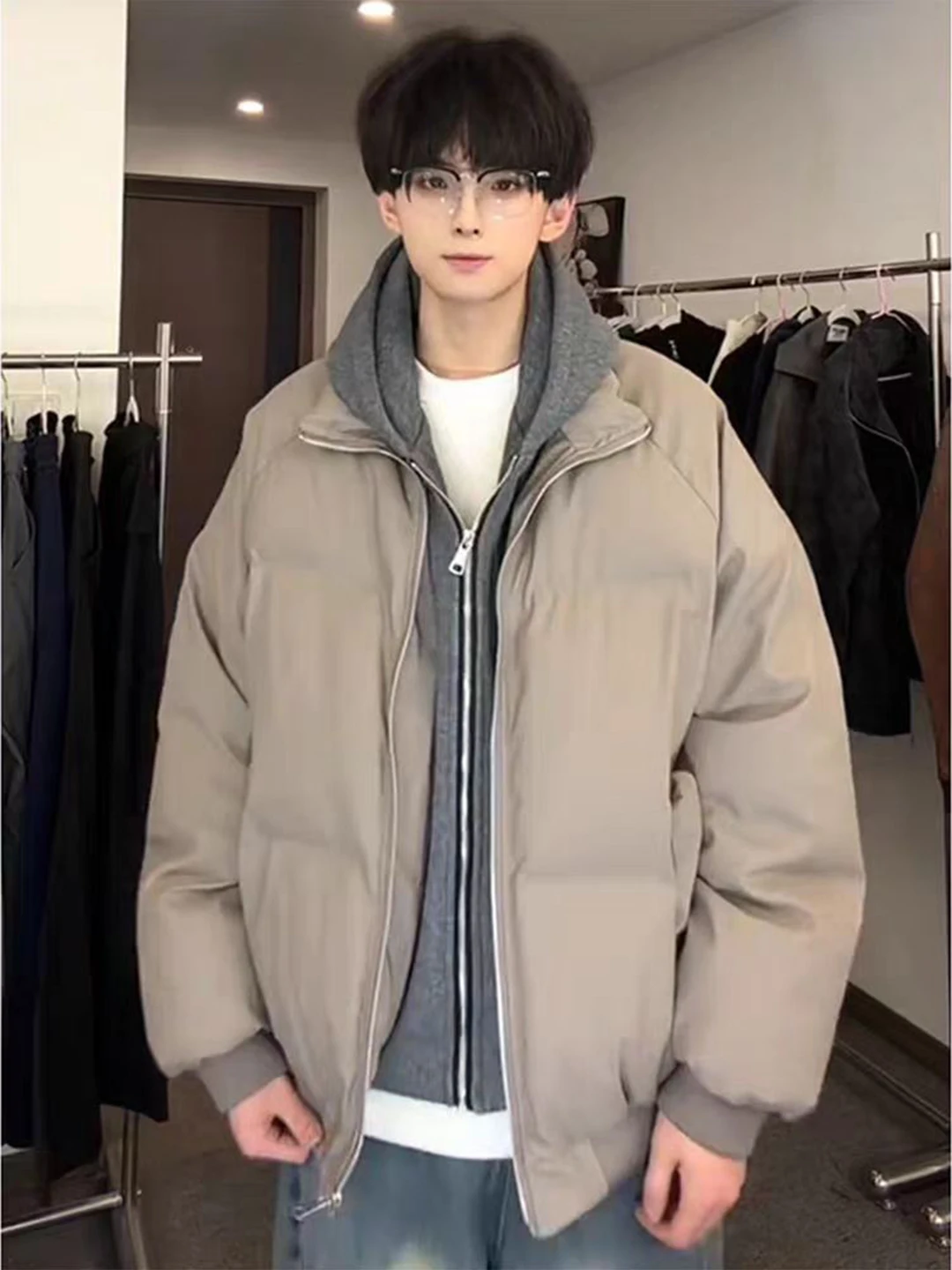 

Cleanfit Thiened Cotton Jaet Men's Winter Warm PU Leather Hooded Coat Casual Sle Youth Faion Loose Fit Long Sve Zi...