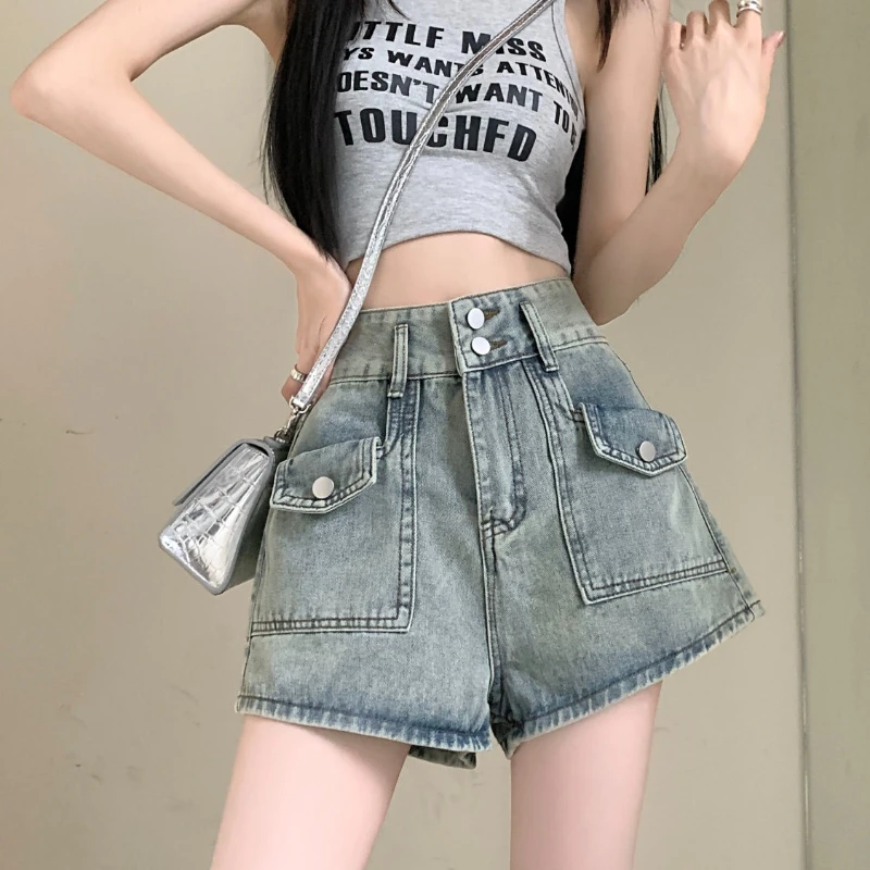 

Women's Fashion Retro Pocket Design High Waist Slim A-line Denim Shorts