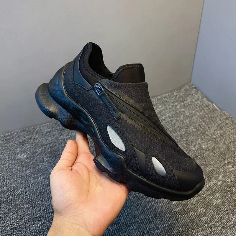 Men Black Side Zipper Chunky Sneaker Mesh Breathable Slip On Thick Sole Height Increasing Casual Walking Shoes Zapatos De Hombre