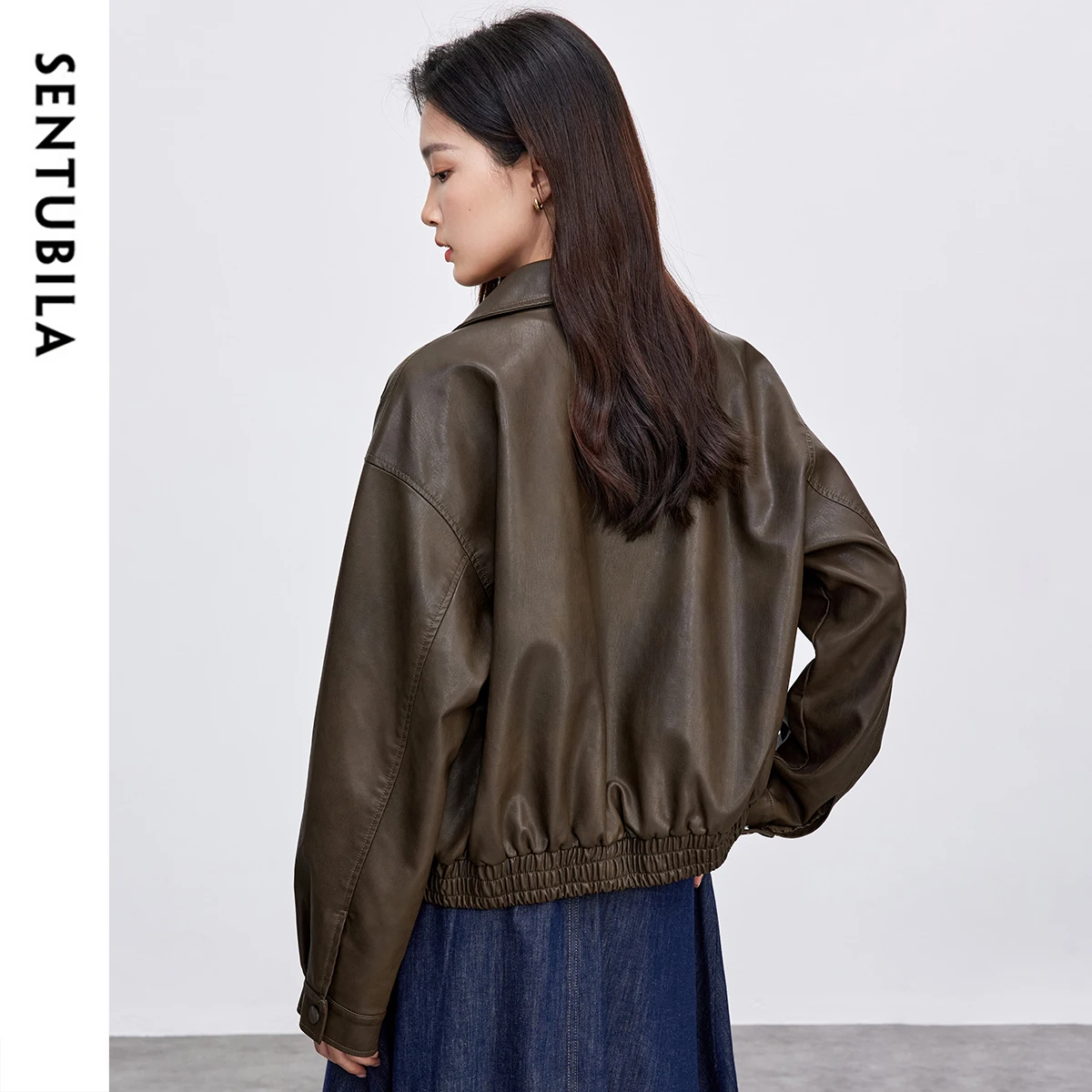 SENTUBILA Woman Leather Jacket 2025 Retro Commute Coffee Colour Turn Down Collar Zippers Windproof Motorcycle Pu Coats W51G73596