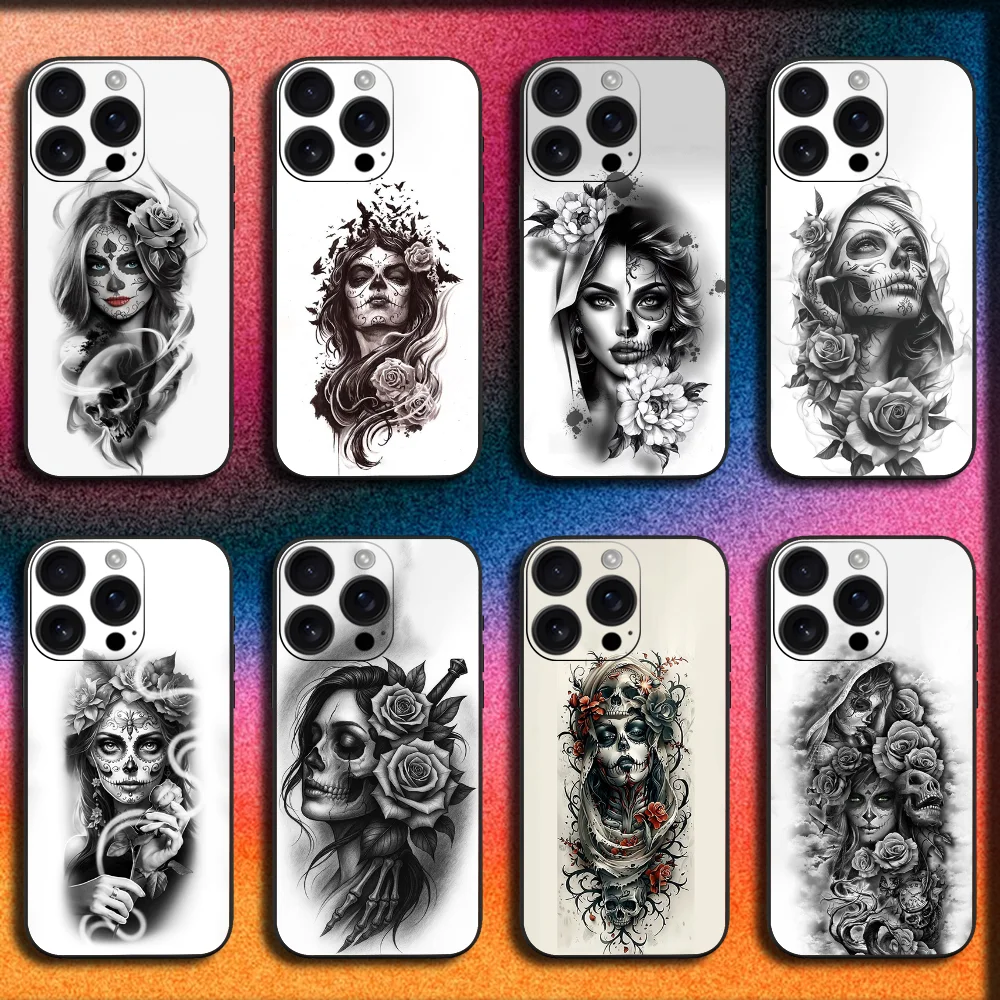 

Catrina Rose Girl Skull Phone Case For iPhone 16,15,14,13,12,11,Pro,XS,Max,XR,Plus,SE,Mini Soft Black Cover