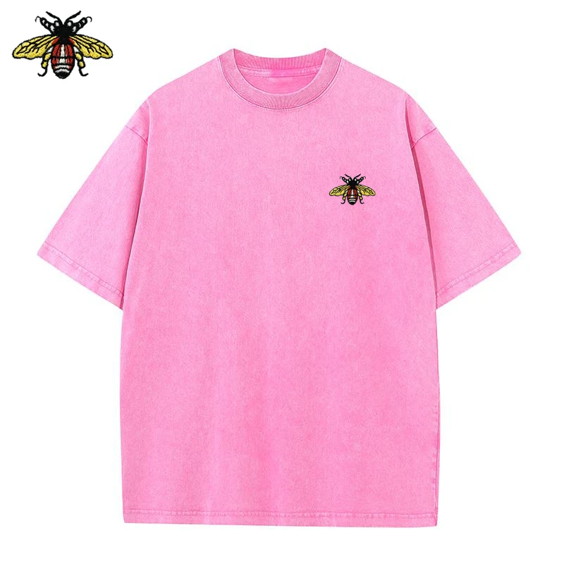EUR 100% pure cotton men's embroidered bee high-quality new T-shirt with washing process, pure cotton breathable