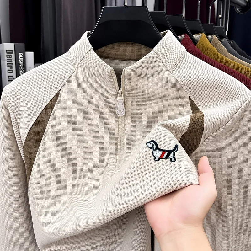 High Quality Men's Stand Collar Half Zip T-Shirt Solid Color Embroideryed Print Long Sleeved Top Trend Exquisite Men's Clothing