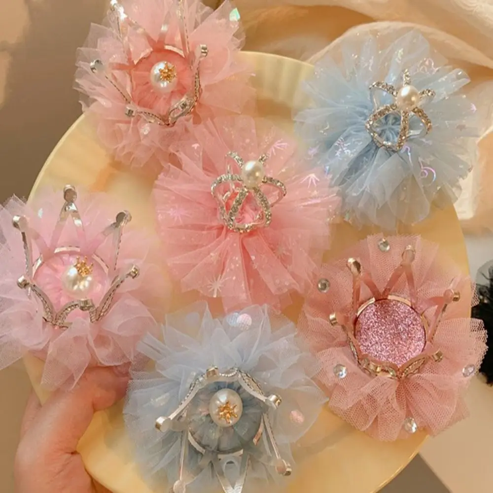 Lovable Lovely Adorable Gauze Pearl Headdress Crown Rhinestone Girl Hairpin Hair Clip Headwear Hair Accessory