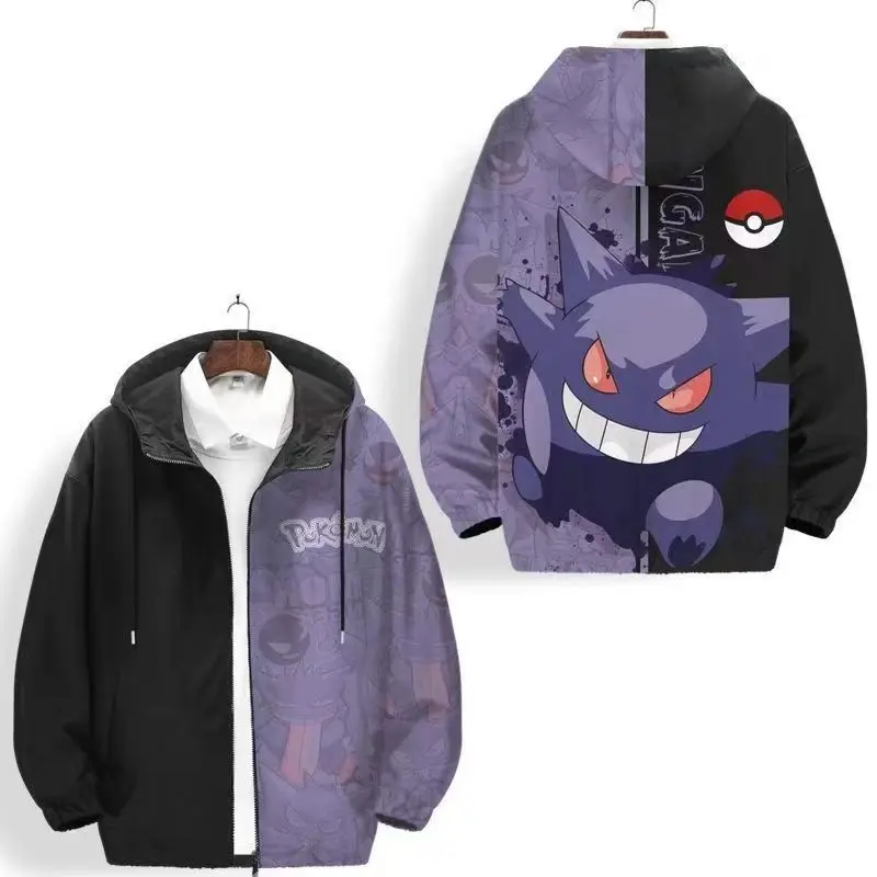 y2k-ポケモン-ゲンガー-ツートーン-フーディー-ジャケット、かわいいアニメプリント-ジップアップ-ウィンドブレーカー、トレンディなストリートウェア-カジュアル-コート-デイリーウェア-パーティー用