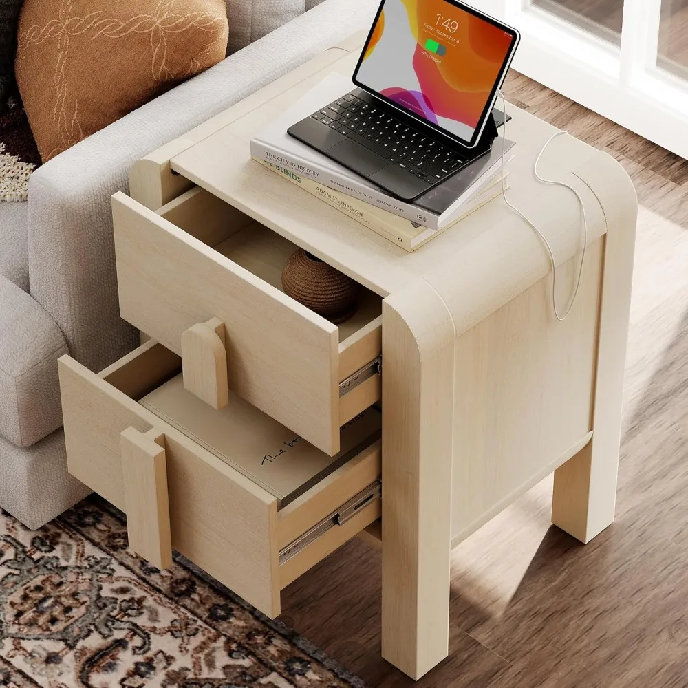 منضدة طويلة معاصرة مع قاعدة شحن، طاولة بجانب السرير خشبية ذات درجين، تصميم منحني، مثالية لجانب الأريكة #4