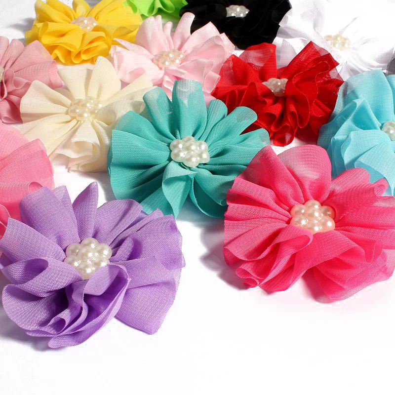 120pcs/lot 6.5cm 15colors Newborn Chiffon Flowers With Pearl For Hair Accessories Artificial Fabric Flowers For Kids Headbands